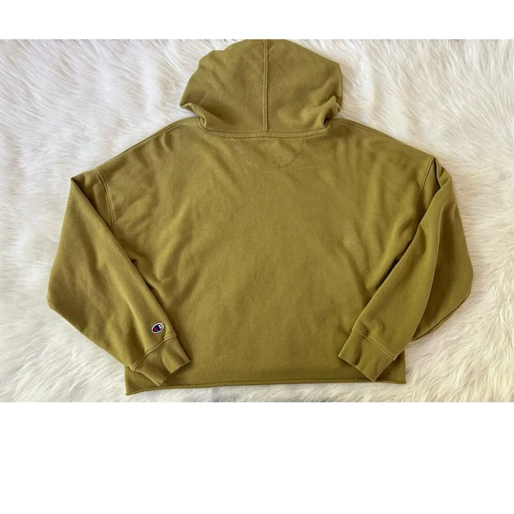 Champion Hoodie Pullover Olive Green Crop Cut Hem Flower Hooded Size Large - Image 3