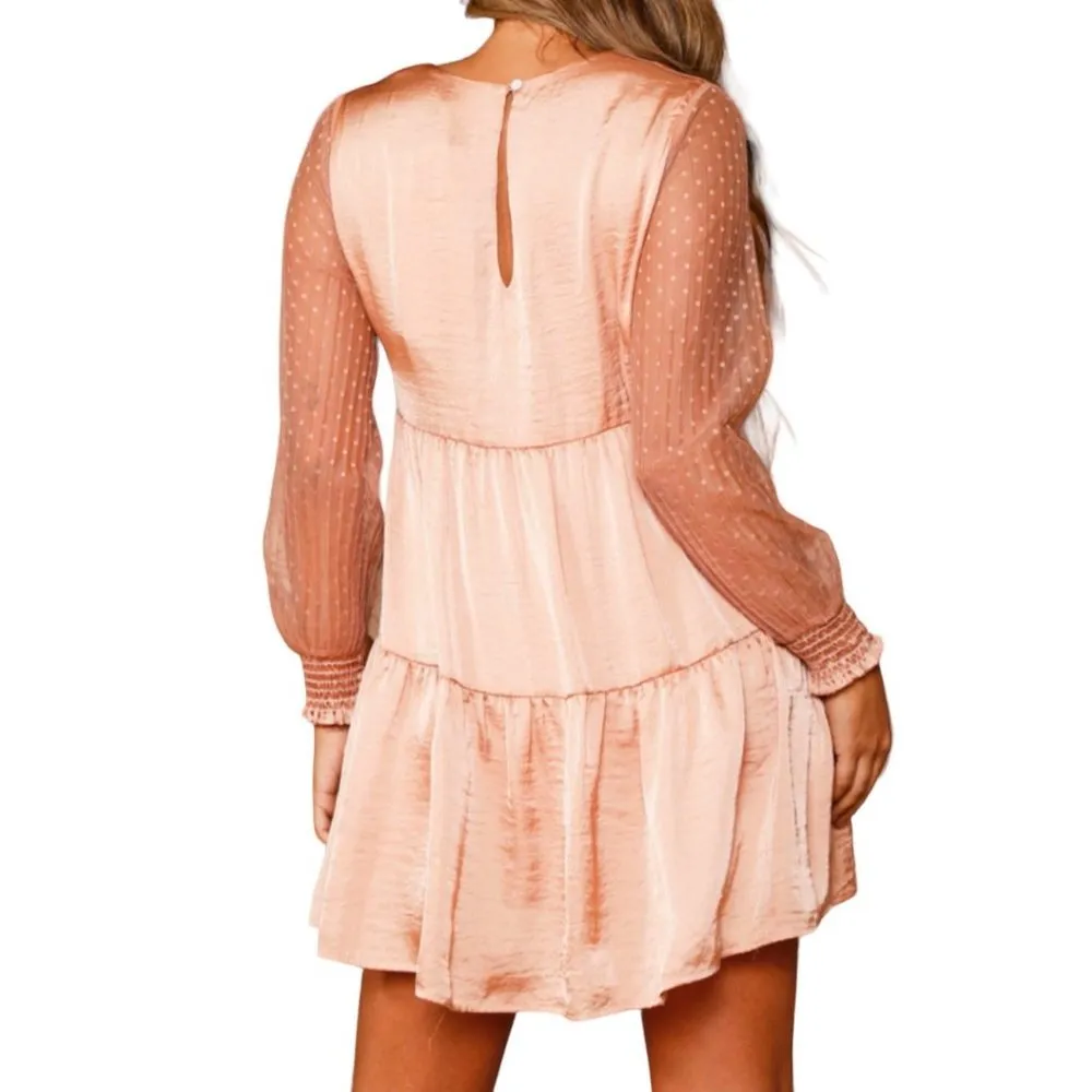 Peach Love California Tiered Sheer Long Sleeve Mini Dress Pink Size Large NWT - Image 2