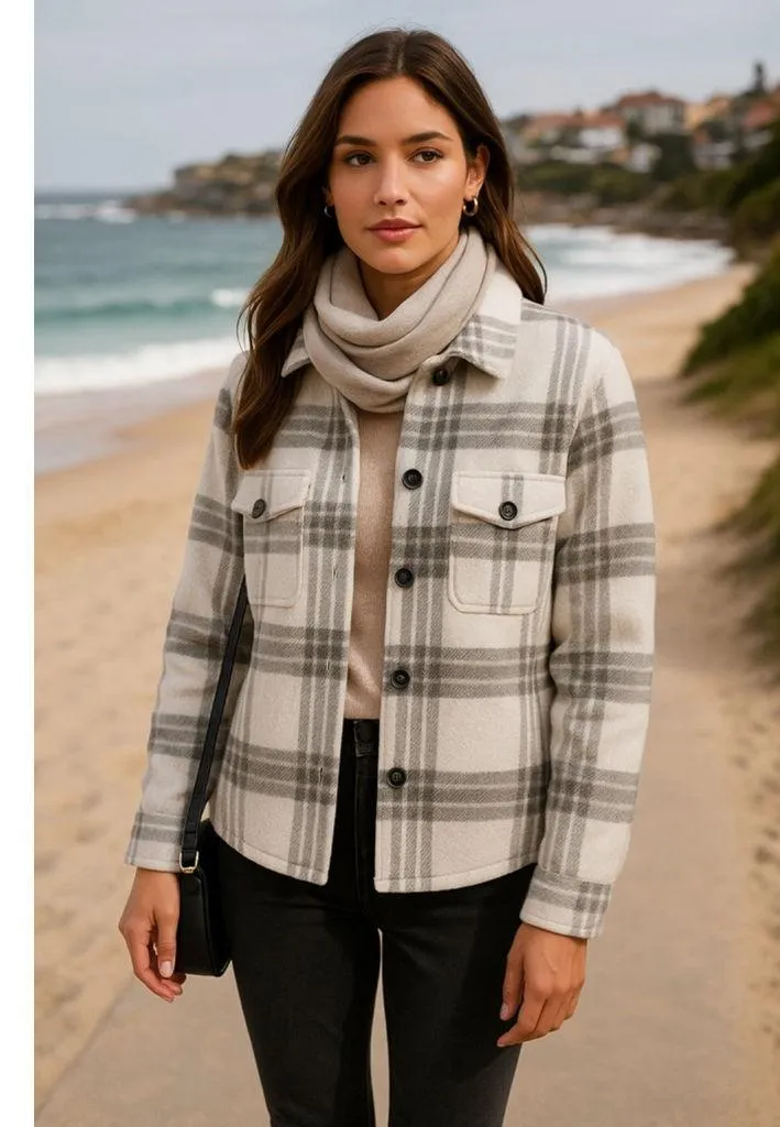 Melloday Plaid Button Down Shacket M Cozy Neutral Fleece Soft Minimal Granola - Image 2