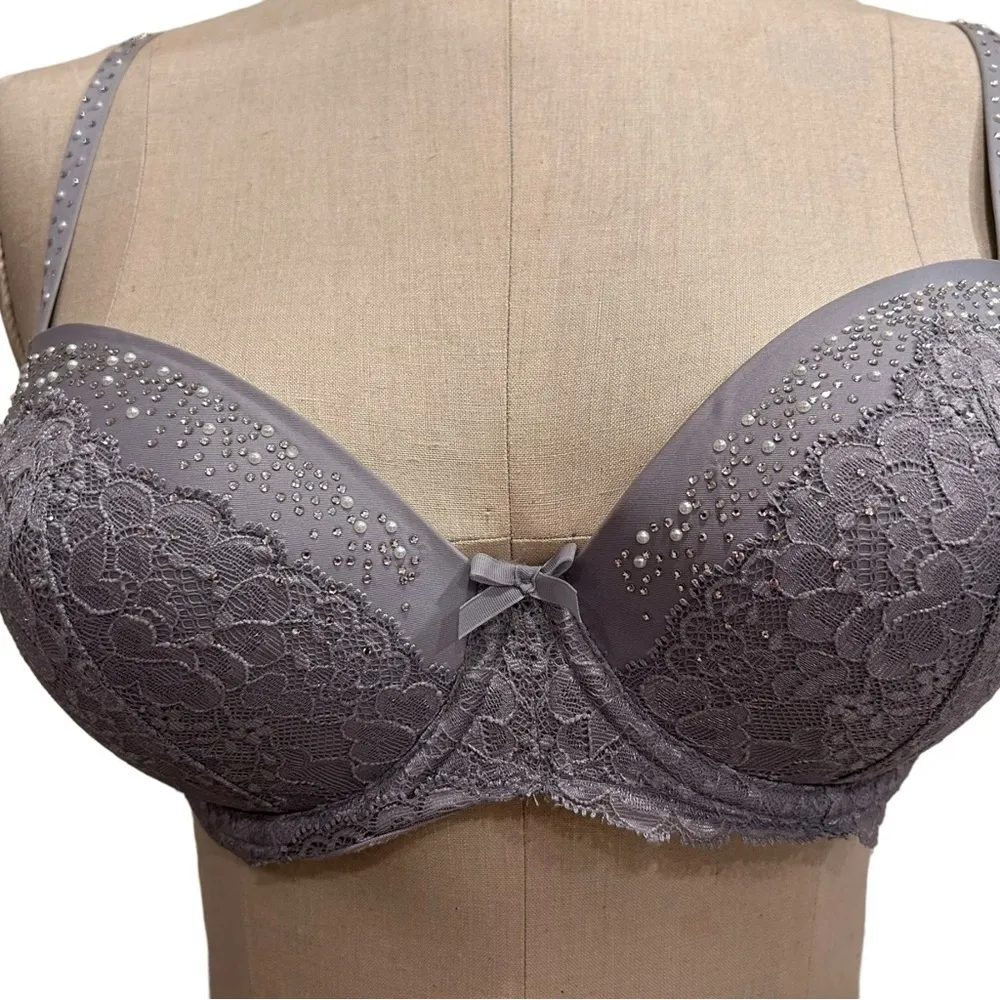 New Victoria’s Secret Dream Angels Rhinestone Pearl Demi Gray Bra Size 32DD - Image 7