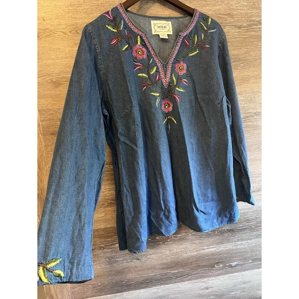 Tantrums Denim V Neck Embroidered Studs Vintage Blue Sz 1X Plus Floral Size L - Image 4