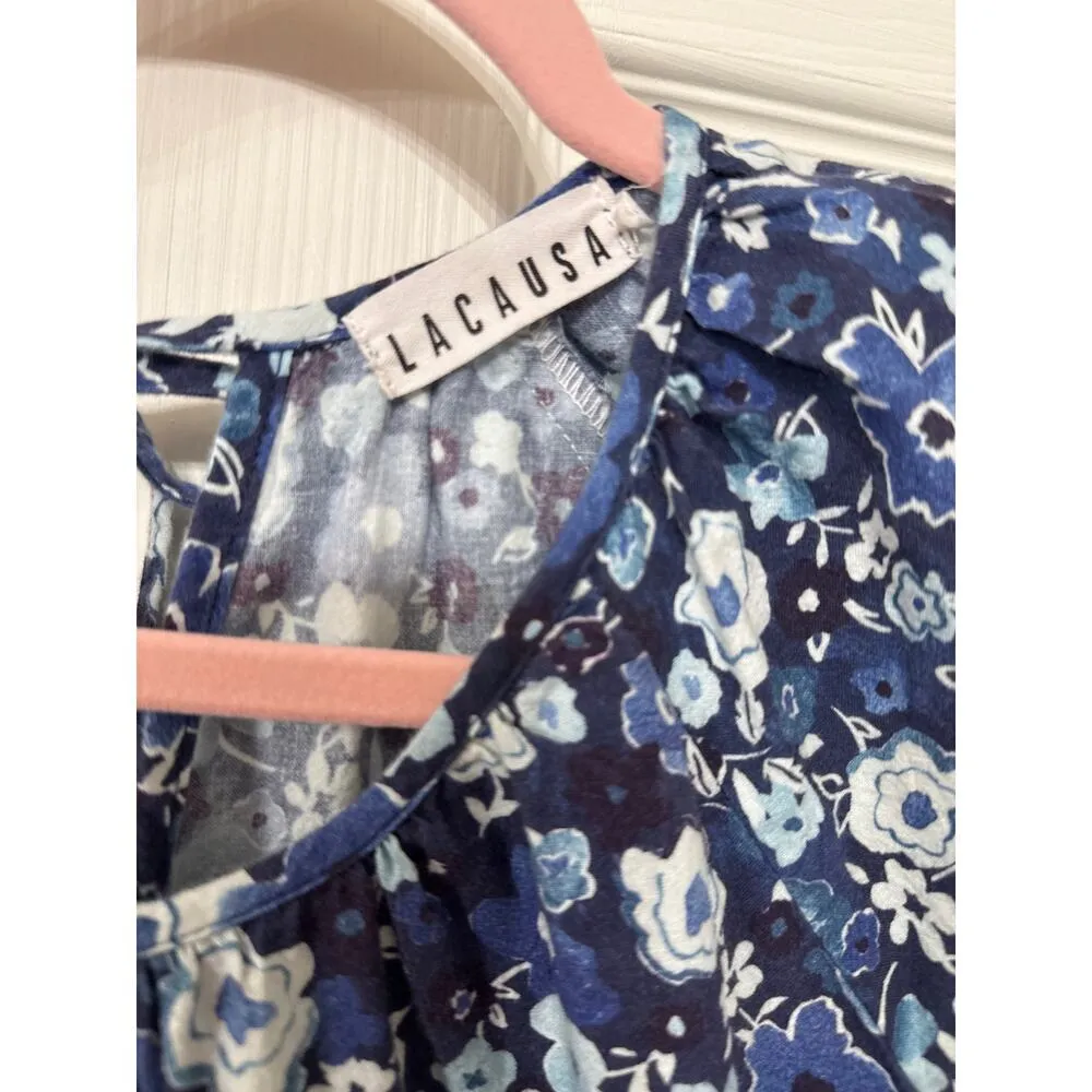 Lacausa Cottagecore Cass Dress Sapphire Watercolor Floral Crinkled Cotton,XS - Image 6