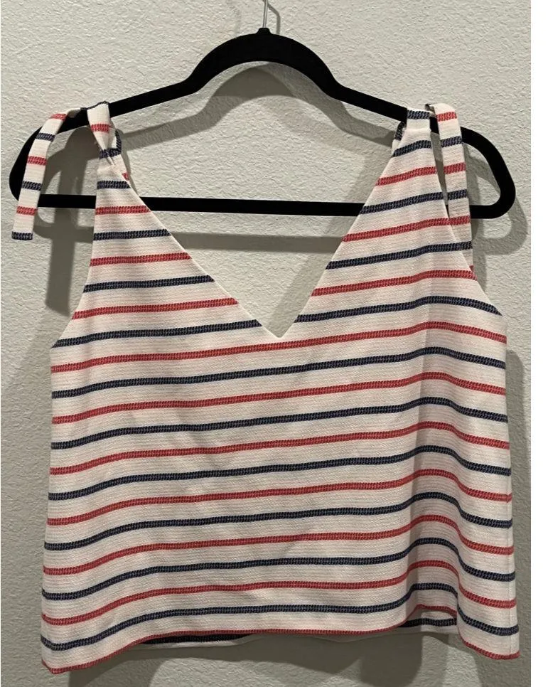 ZARA V-Neck Striped Red Blue Antique White Tie Blouse - Image 4