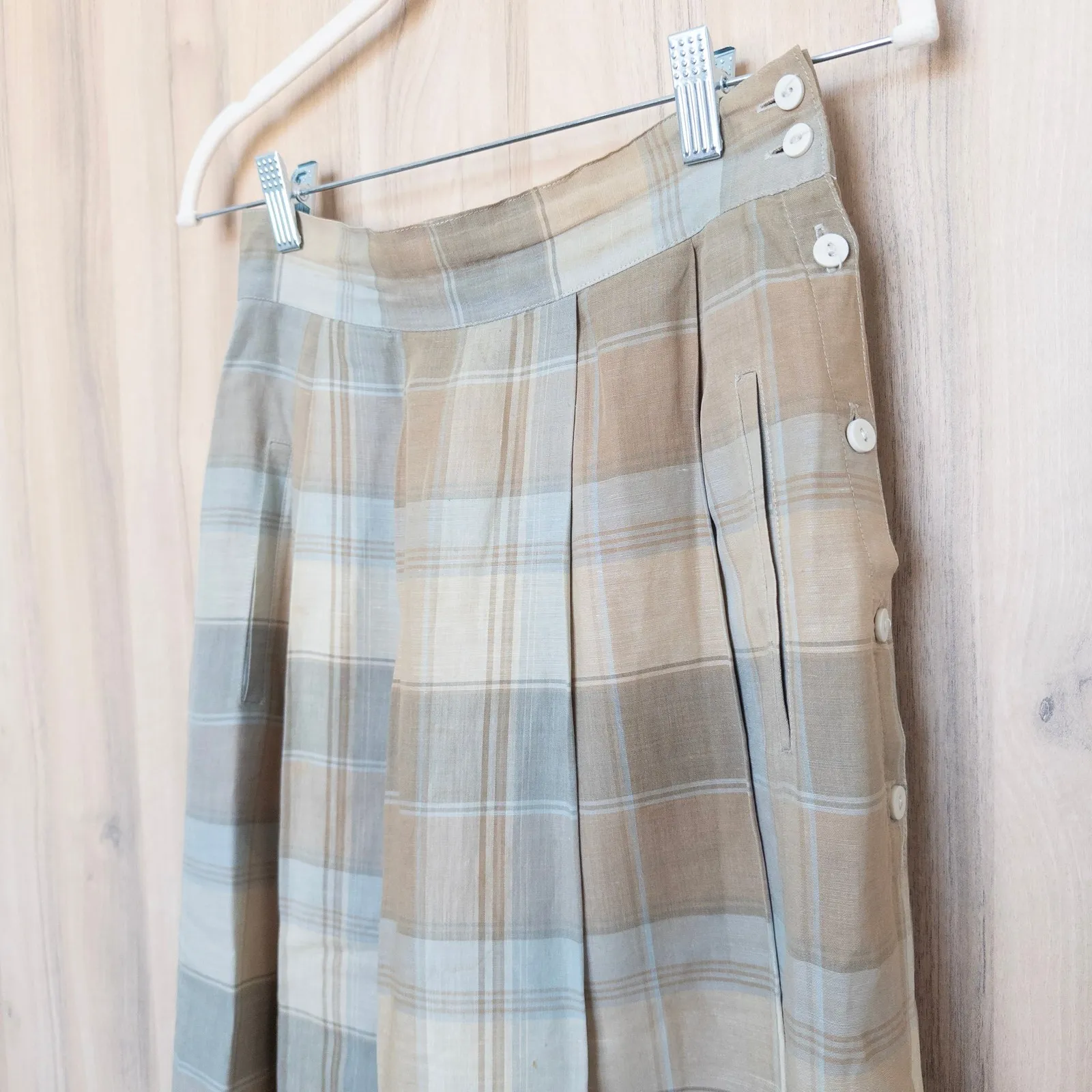 Vintage Geoffrey Beene Plaid Pleated Midi Skirt Size 8 Tan Linen Preppy Academia - Image 4