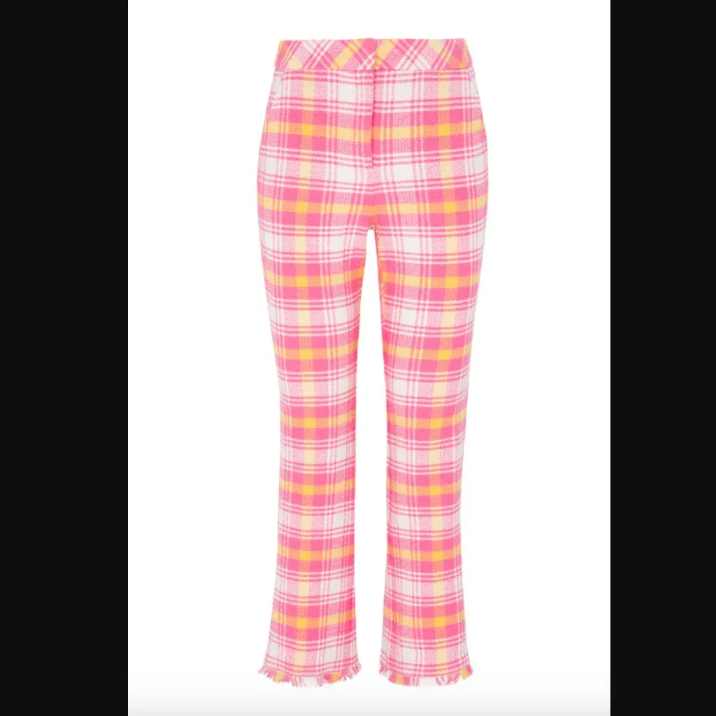 Trina Turk Lulu Pink Yellow White Plaid Tweed Fringe Pants 0 - Image 5