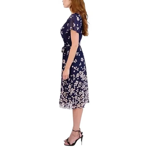 Sandra Darren Plus Size‎ 20W Dress Navy Floral Short Sleeve Smocked Midi 1284 - Image 2