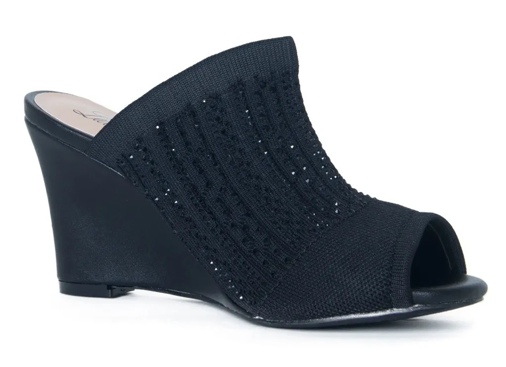 Lauren Lorraine Martha Black Wedge Heels Womens 6.5 Peep Toe Slip On Mule - Image 1