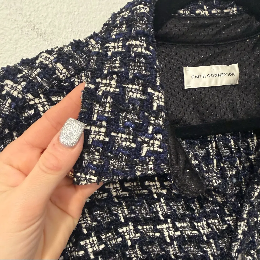 Faith Connexion Black Navy Blue White Laced Tweed Overshirt XS - Image 2