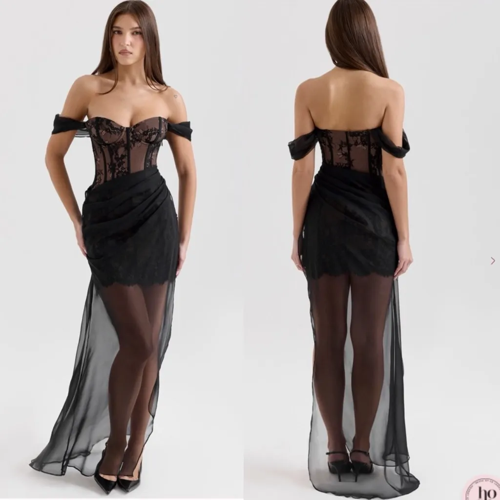 HOUSE‎ OF CB 'Debut' Black Off Shoulder Lace Maxi Dress NWOT Size M - Image 4