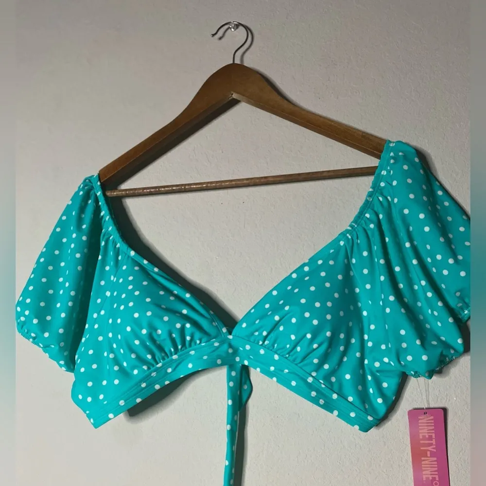 New Junior’s XL Extra Large Teal Polka Dot Puff Sleeve V neck Swim Top Bikini Size undefined - Image 6