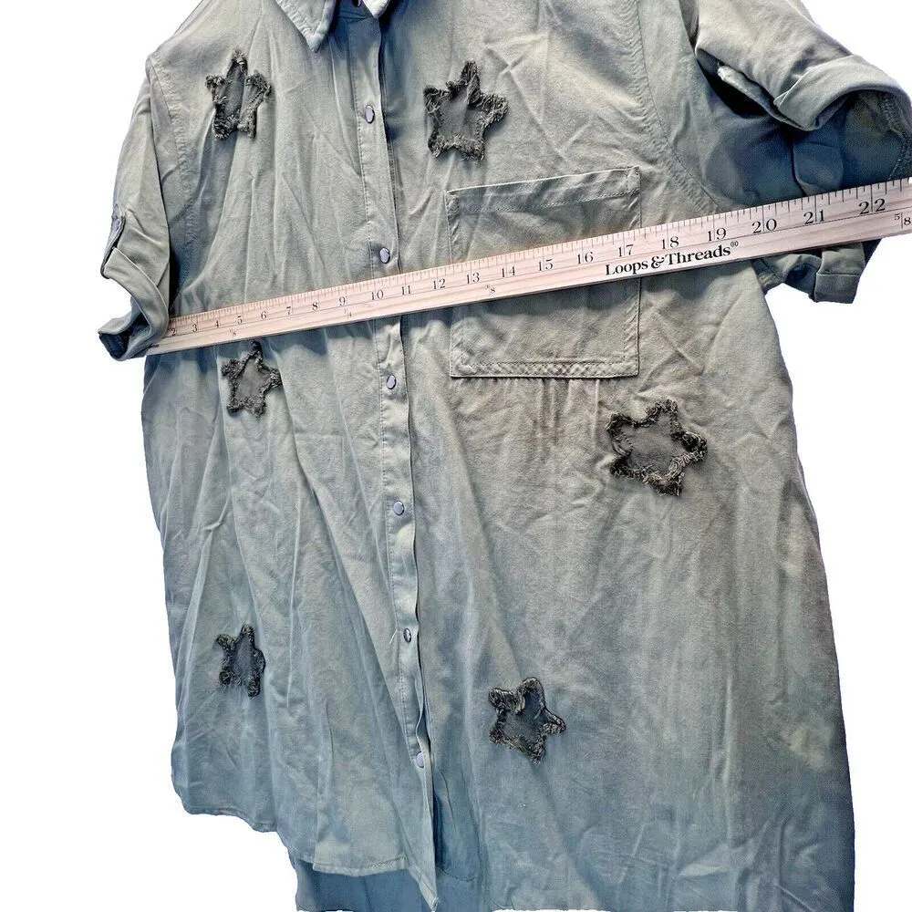 Hummingbird green olive blouse star Tencel woman short button sleeve size L. - Image 4