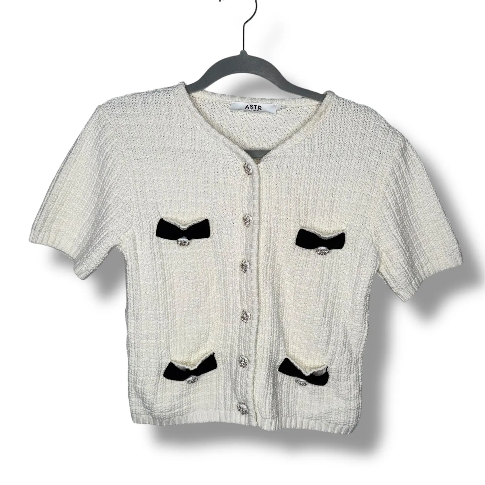 ASTR The Label Cream Textured Knit Button Up Short Slv Cardigan Bows Rhinestones Black - Image 2