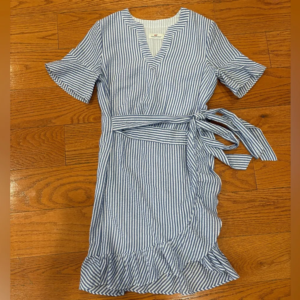 Vineyard Vines Blue & White Seersucker Ruffle Wrap Dress – Size 00 - Image 3