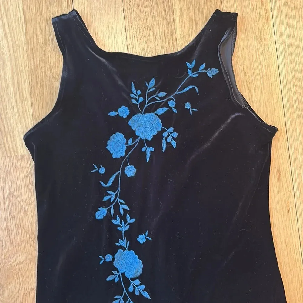 Vintage Embroidered Velvet Maxi Dress Black Blue Stretch Size 8 - Image 2