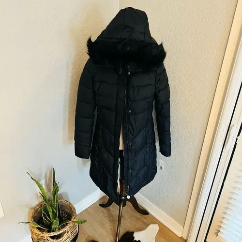LARRY LEVINE Faux Fur Trim Removable Hooded Long Puff Coat, Black, Small, NWT - Image 10