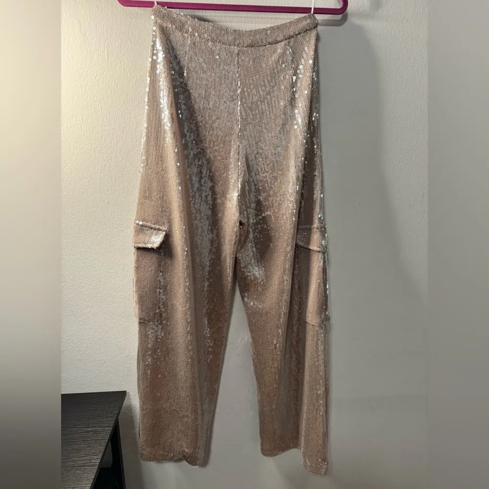 Showpo TRICIA PANTS - MID WAIST CARGO POCKET SEQUIN PANTS IN GREY New Size 2 - Image 4