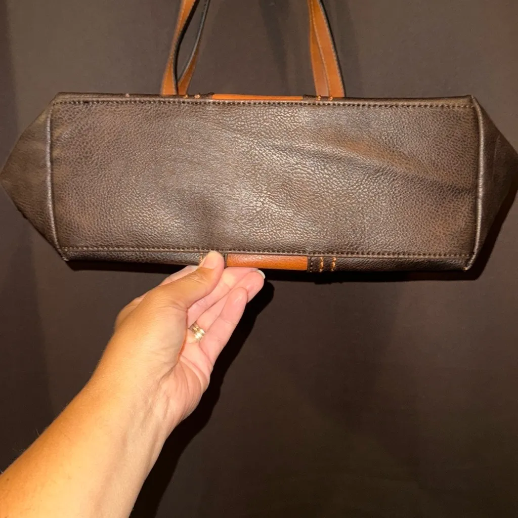 Montana West Brown and Tan Tote Bag with Contrast Stitching, Faux Leather - Image 10