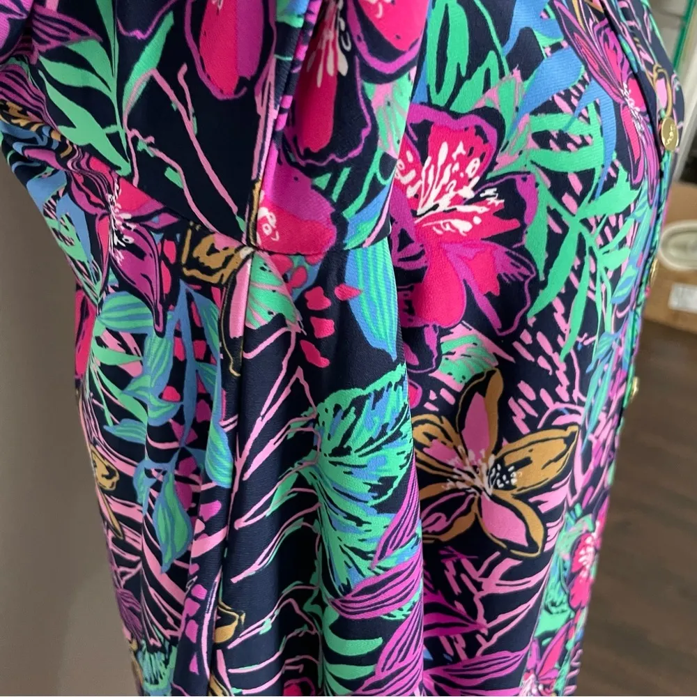 Cappagallo Dress Shift Stretchy Slinky Floral Tropical 3/4 Pink Blue Green Gold Size L - Image 5