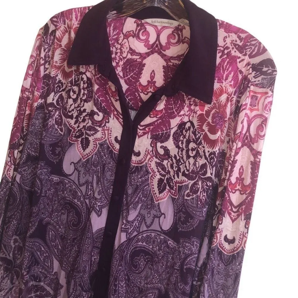 345. Soft surroundings purple and pink paisley print button up long sleeve top s - Image 5