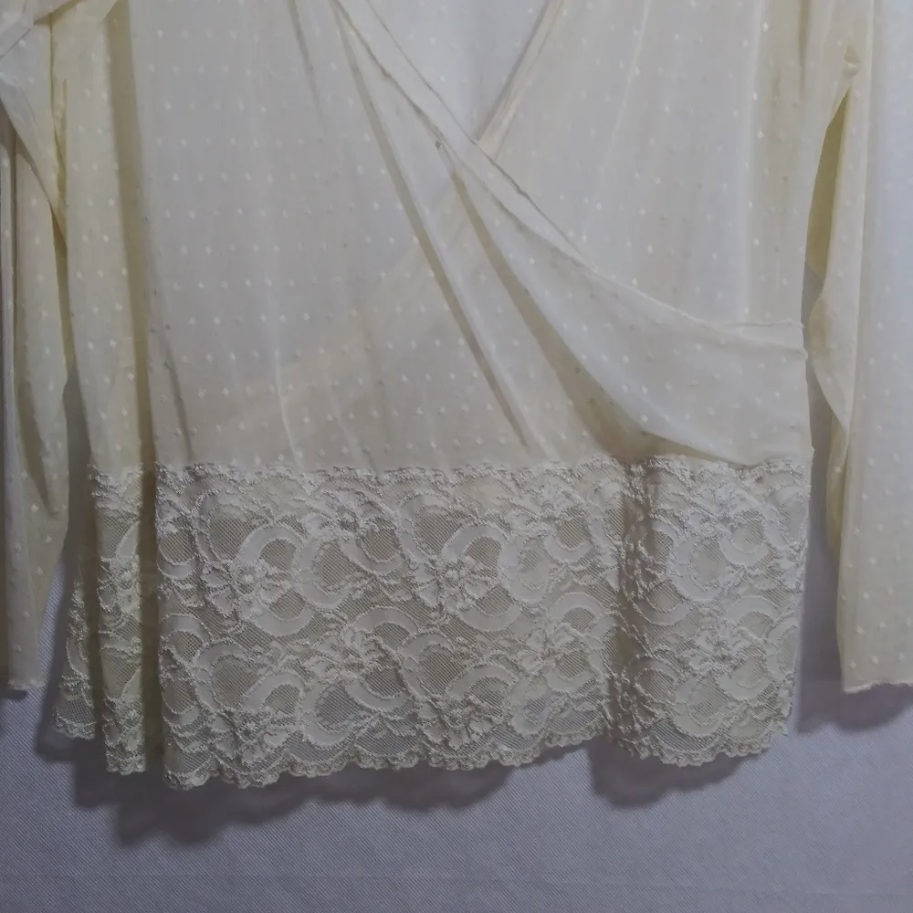 Cream Sheer Swiss Dot Deep V Faux Wrap Lace Long Sleeve Stretch Top Size XXL - Image 4
