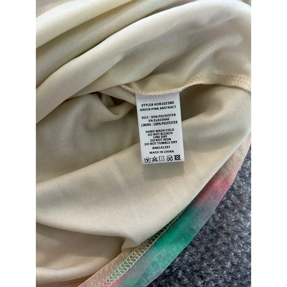 ASTR the Label Abstract Print Asymmetric Midi Green Pink Ruched Dress Size XL - Image 15