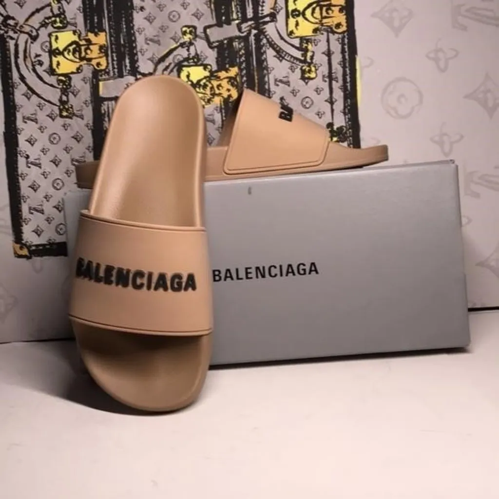 New Authentic BALENCIAGA Rubber Logo Pool Slide Sandals – Beige & Black - Image 10