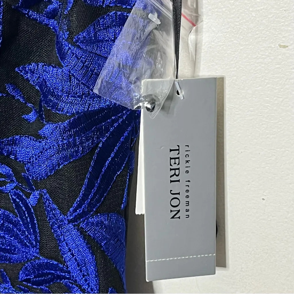 Teri Jon NWT Blue Embroidered Midi Dress Size 6 Formal Evening Mesh Overlay - Image 7