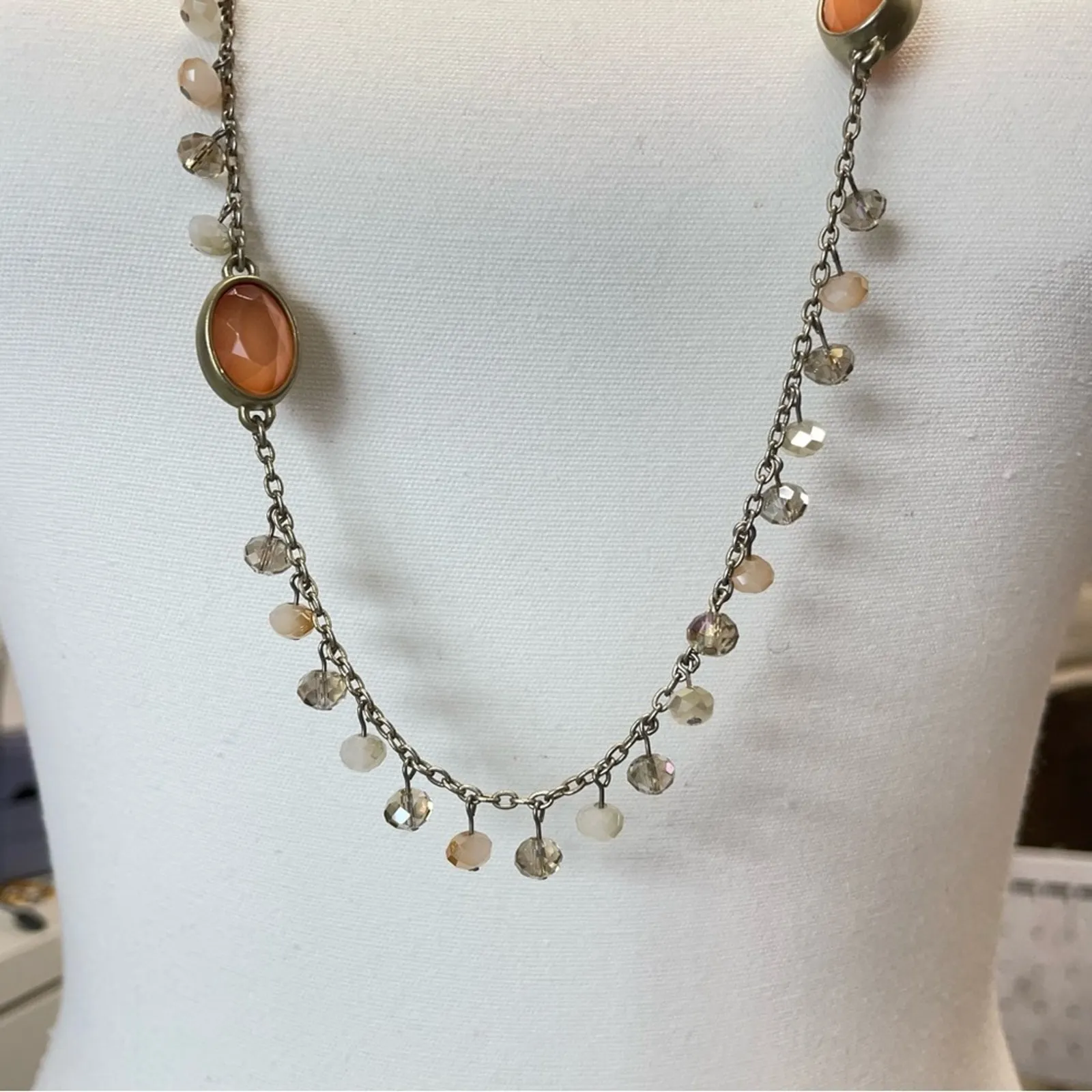 Loft Gold Tone Orange & Cream Fauceted Glass Long Beaded Necklace - Image 3