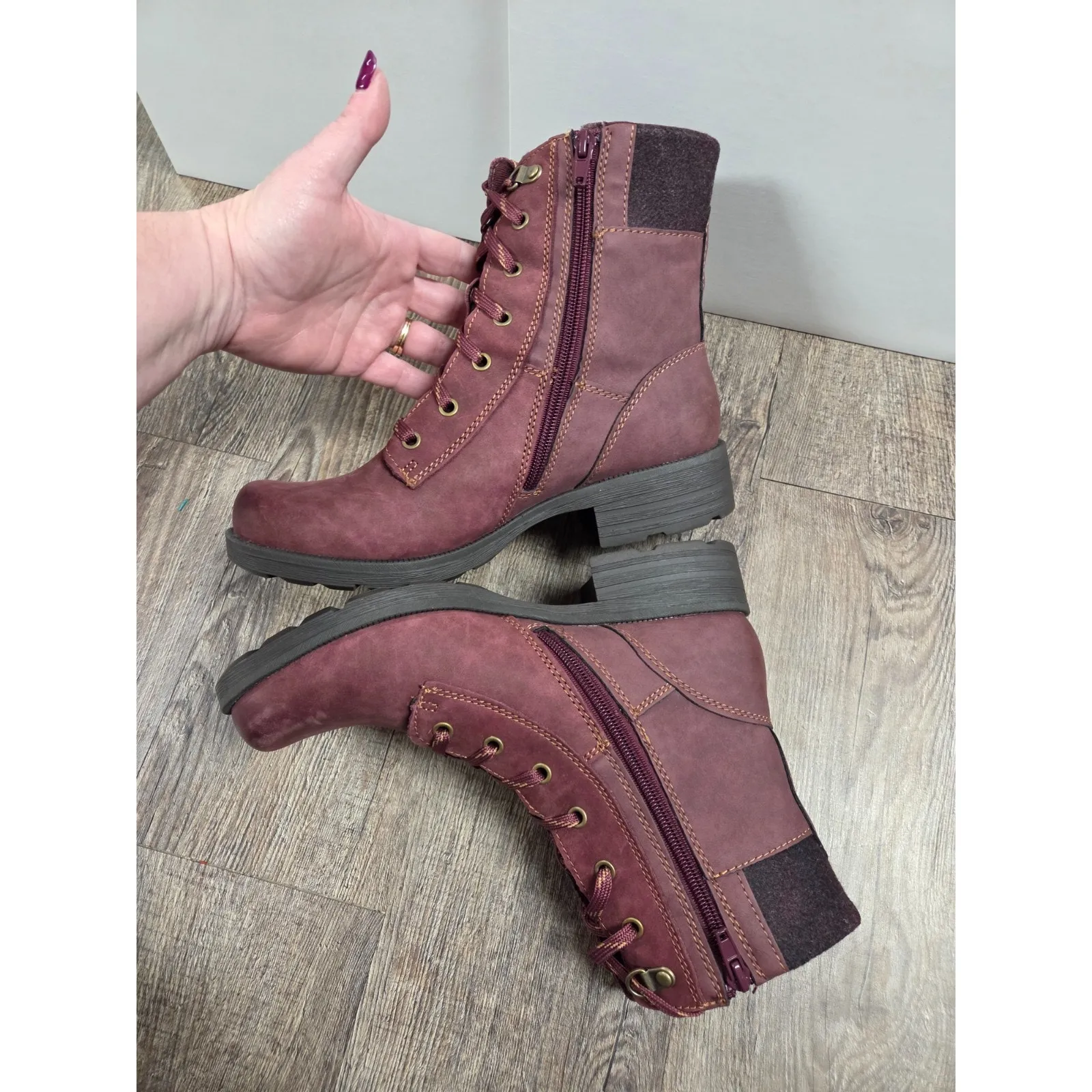 Earth Origins Burgundy Red Leather Lace Up Moto Boots Rowan Wide US 9 - Image 3
