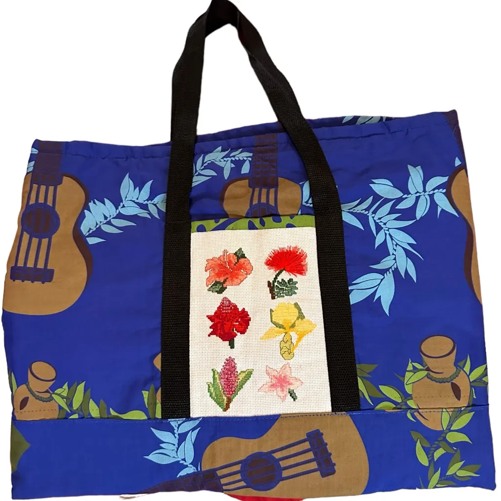 Handmade stitched Hawaiian Aloha 'Ukulele Flower print fabric Tote bag - Image 2