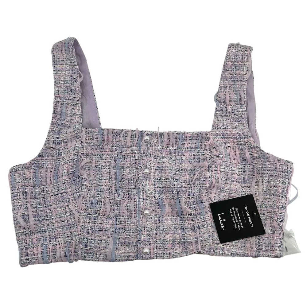 NEW Lulu’s Tweed Between the Lines Lavender purple square neck cropped top large - Image 3