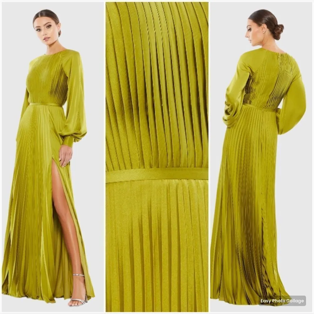 MAC DUGGAL 26950 Green Pleated High Neck Raglan Long Sleeve Side Slit Gown - Image 3