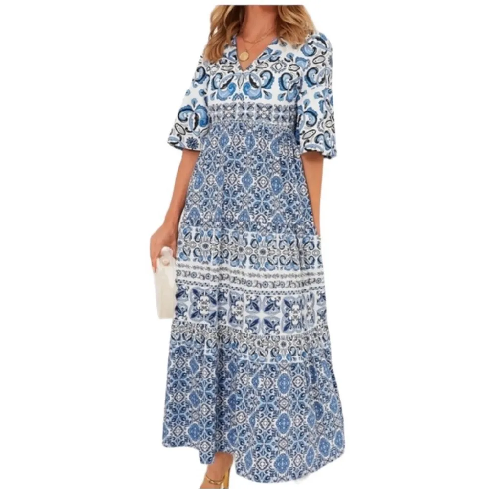 Tuckernuck Majolica Tile Blue White Print Ginger Maxi Cotton Dress NWT Size XS - Image 16