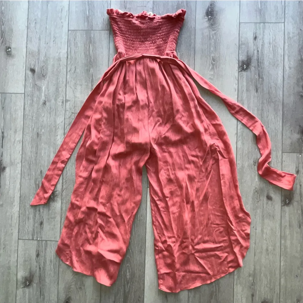 e.ssue Strapless Split Leg Jumpsuit Lace Up Front pink S - Image 3