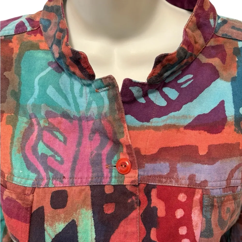 VTG Artsy Boxy Jean Jacket Sz M Colorful Graffiti Print Cotton Pockets Casual Multiple Size M - Image 2