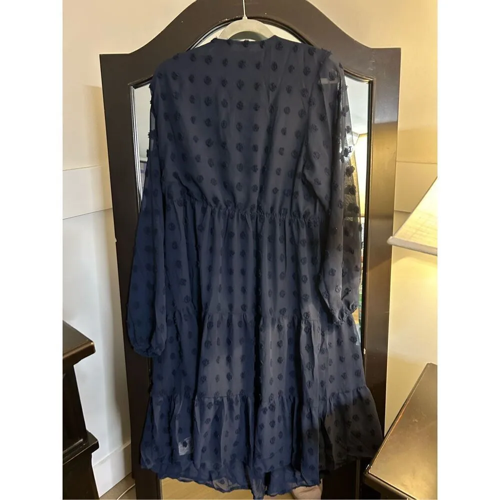 NEW Navy Blue Swiss Dot Chiffon Dress Long Sleeve Flowy Midi 2X Blue Size XXL - Image 3