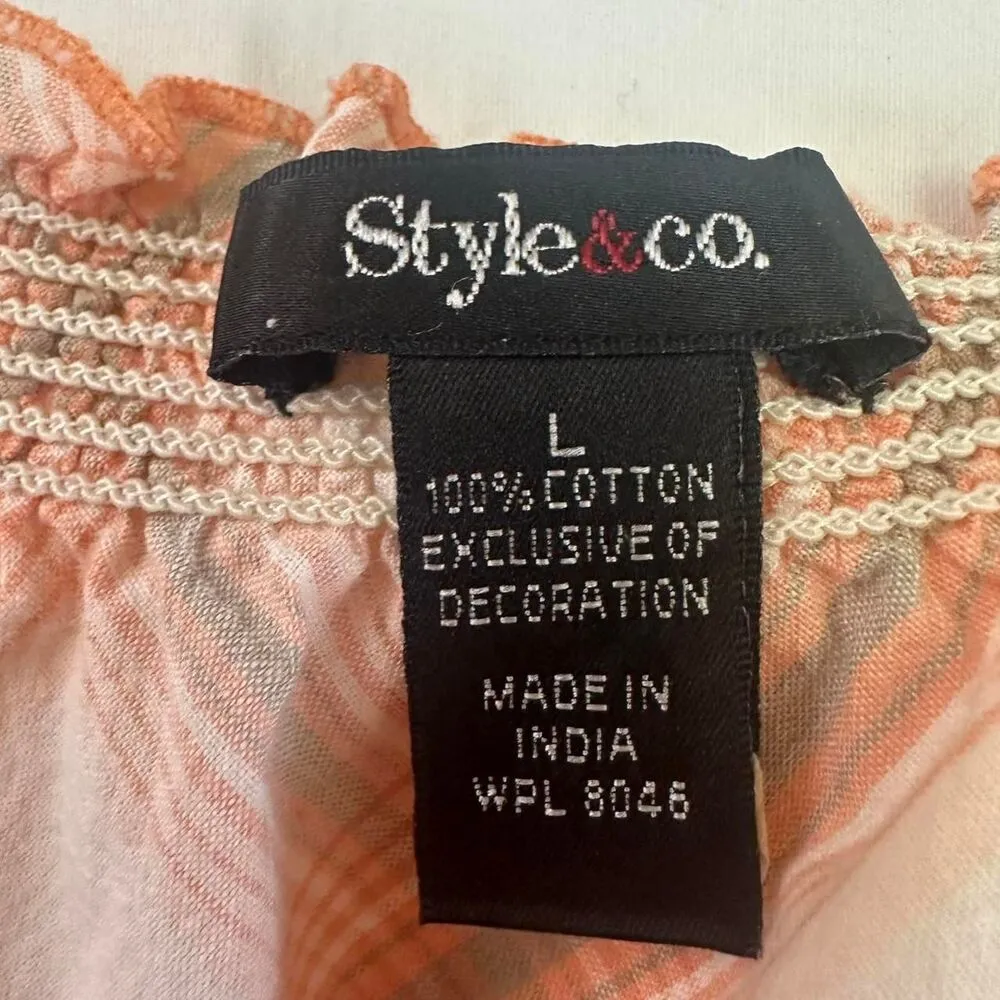 Style & Co Boho Orange Plaid Embroidered Peasant Blouse Sz L Hippie Western Size L - Image 3