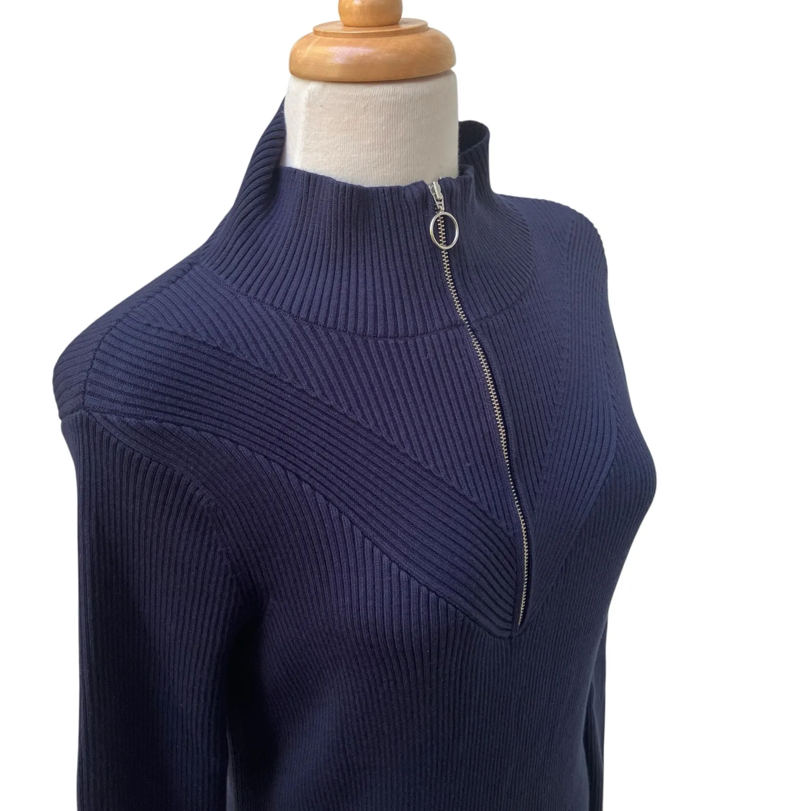 Sweaty Betty Frame Knitted MIDI Dress Sz NWT Navy Funnel Neck Ribbed Athleisure - Image 3