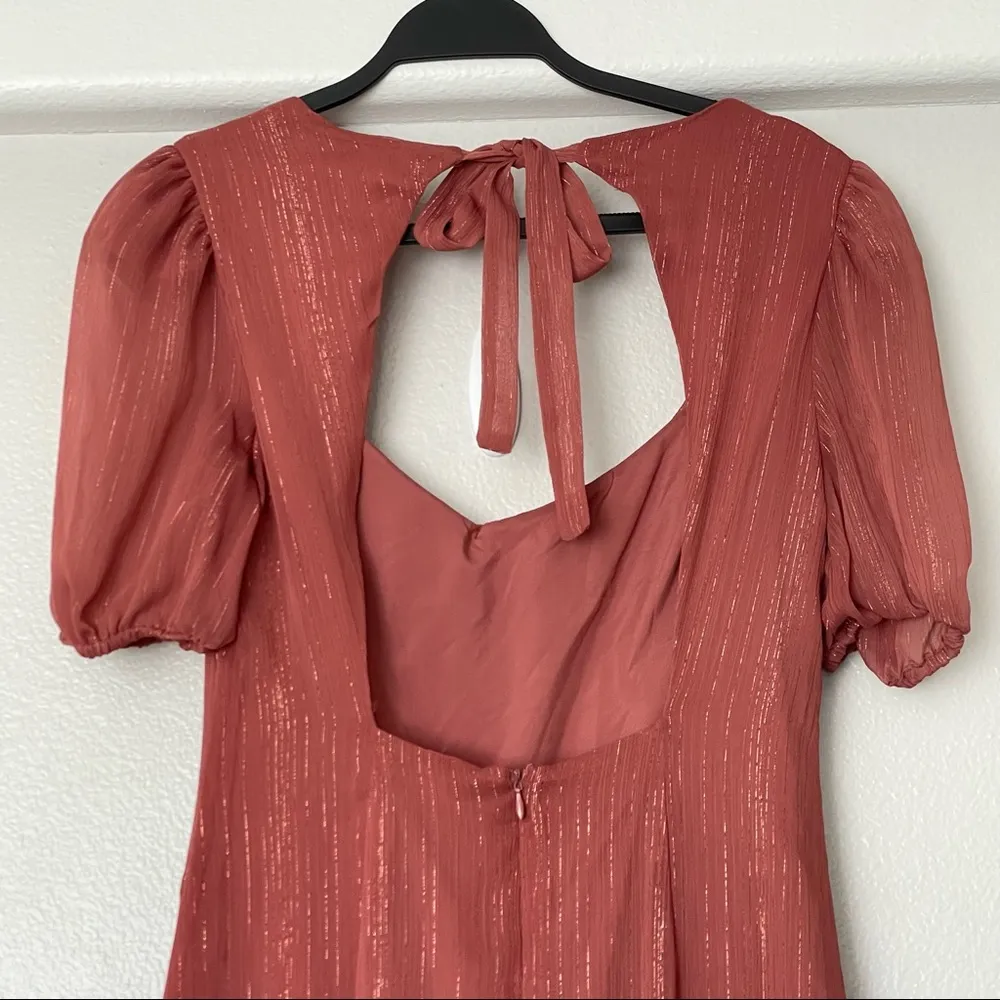 NWT WAYF Metallic Square Neck Puff Sleeve High-Low Open Back Faux Wrap Midi SM - Image 11