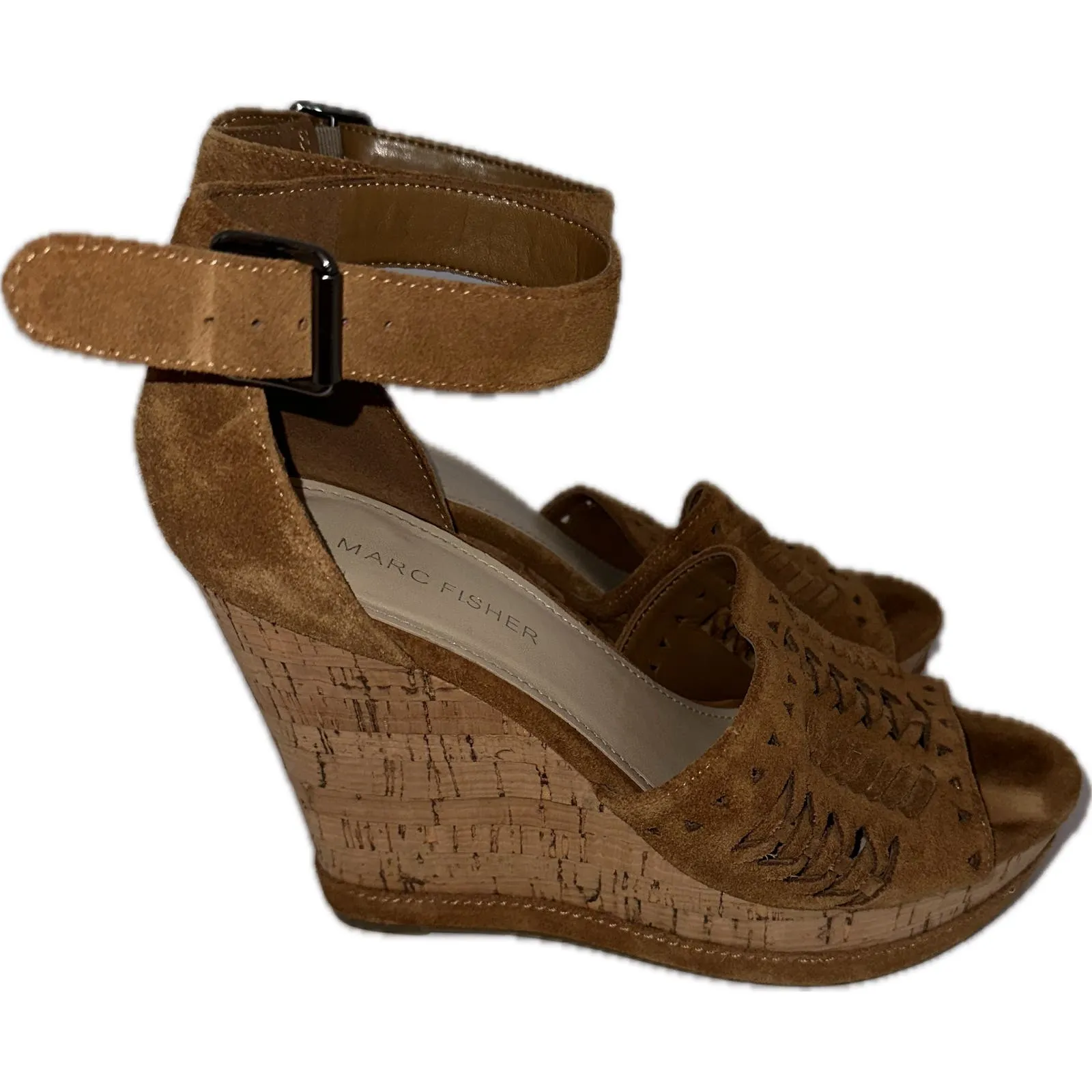 Marc Fisher Espadrille Wedge Sandals Brown Suede Ankle‎ Strap Woven Women's 7.5 - Image 2
