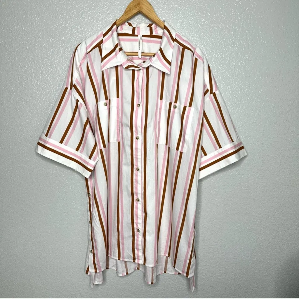 Anthropologie Women's L Boxy Buttondown Shirt Striped Coverup Coord Vacation Pink Size L - Image 4