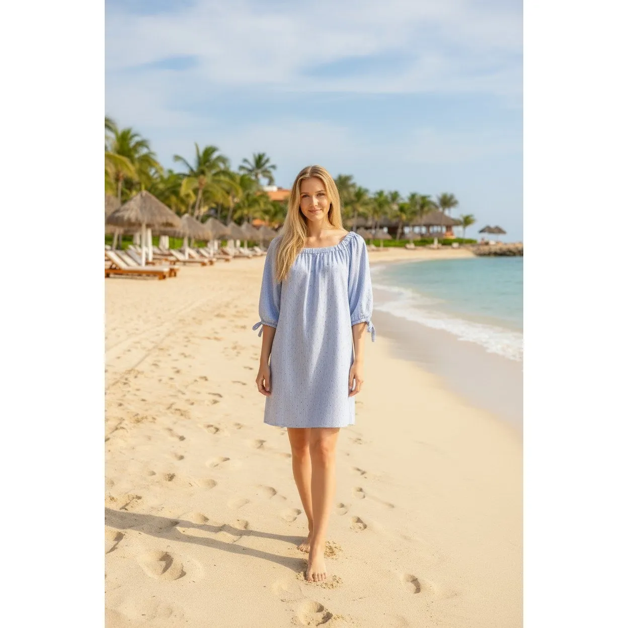 Off Shoulder Blue Cotton Dress M Romantic‎ Prairie Cottagecore Coastal Feminine - Image 8