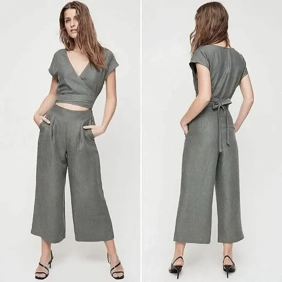 Aritzia Wilfred Brax Gray  Linen Short Sleeve Wide Leg Crop Wrap Romper Jumpsuit - Image 2