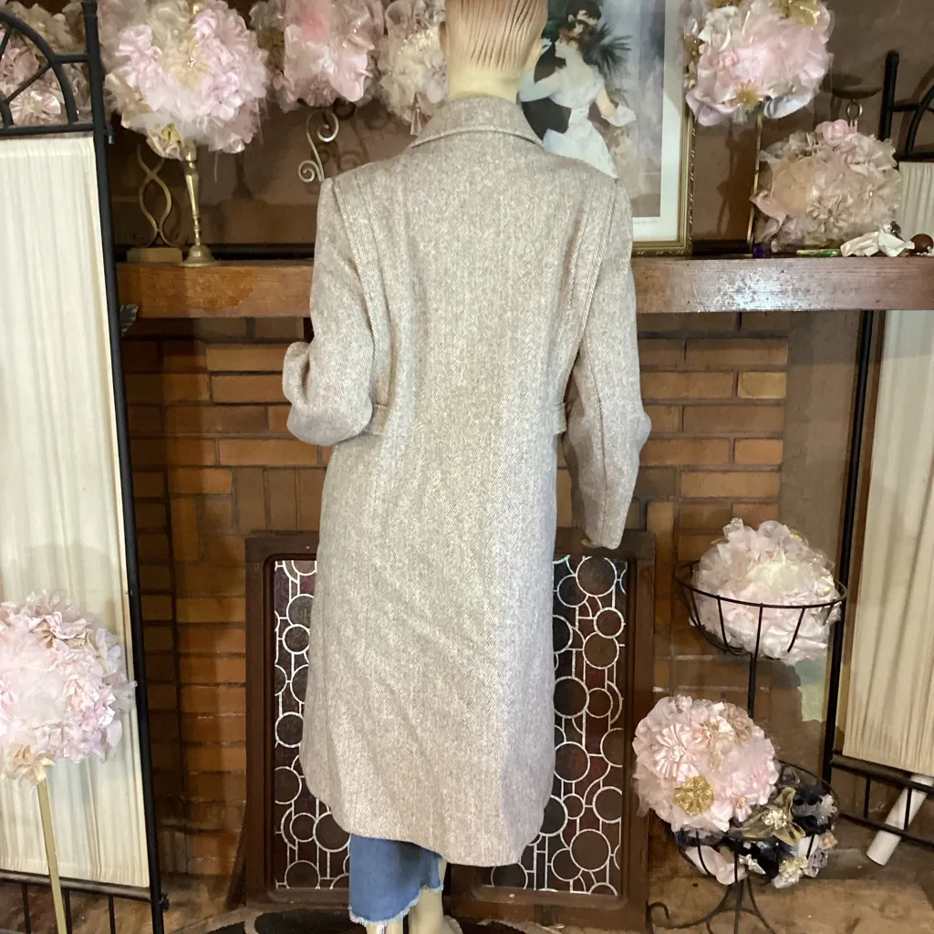 VINTAGE 1980'S NOBLE FASHIONS BROWN & CREAM WOOL HERRINGBONE TRENCH COAT (12) - Image 4