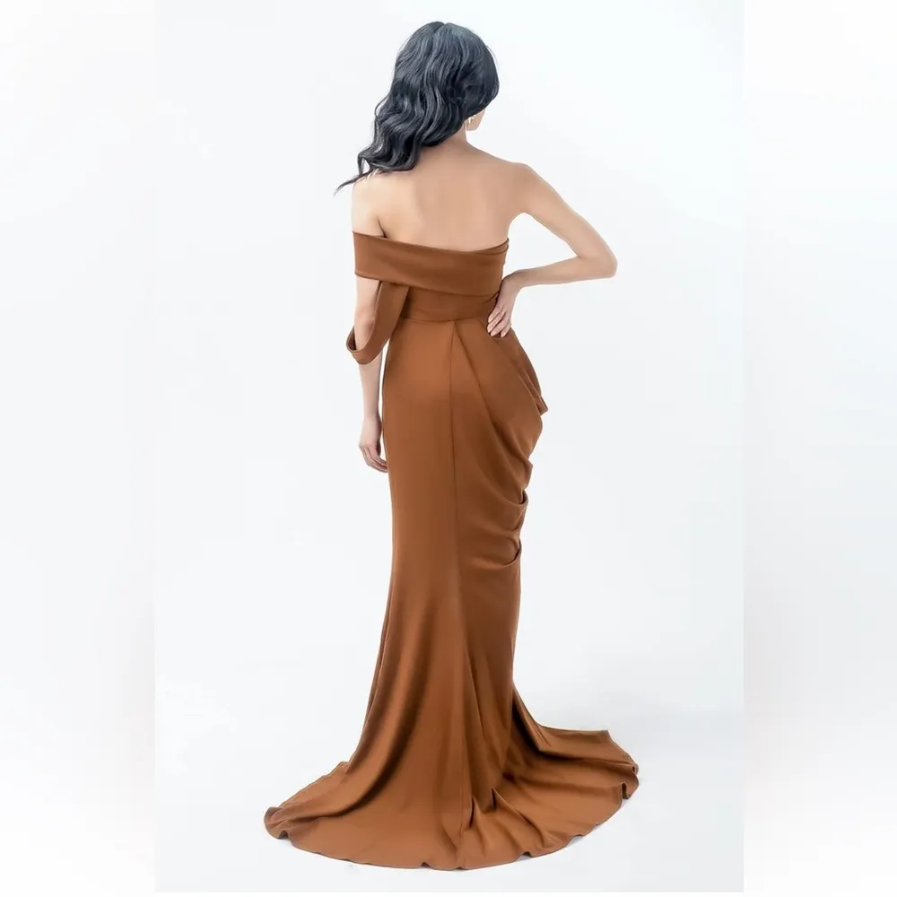 Pantora "Lisa"Draped Strapless Gown Formal Party Dress Tan Size M - Image 2