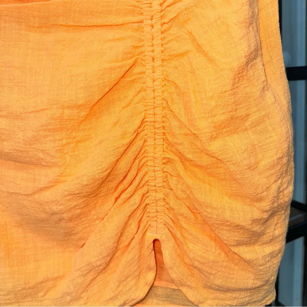 H&M ruched mini skirt gathered high waisted rise neon tangerine crepe tulip - Image 8