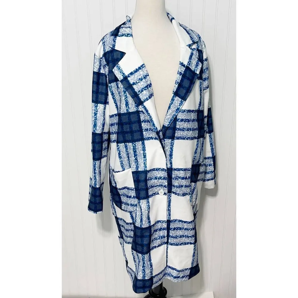 Check Plaid‎ Lightweight Coat Jacket Button Front Pockets White Blue Women's XL - Image 4