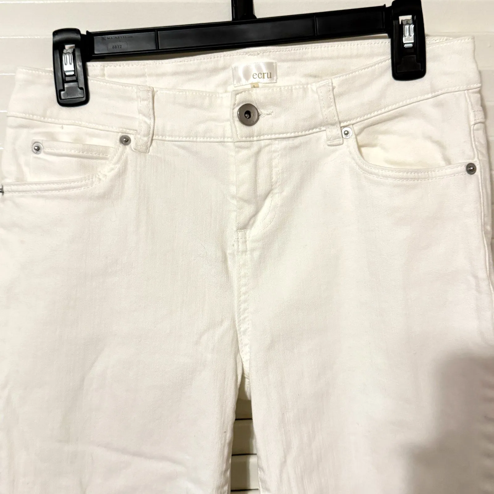 Ecru Ankle Jeans Size 2 Off White Ivory Straight Leg Raw Frayed Hem Fringe - Image 4