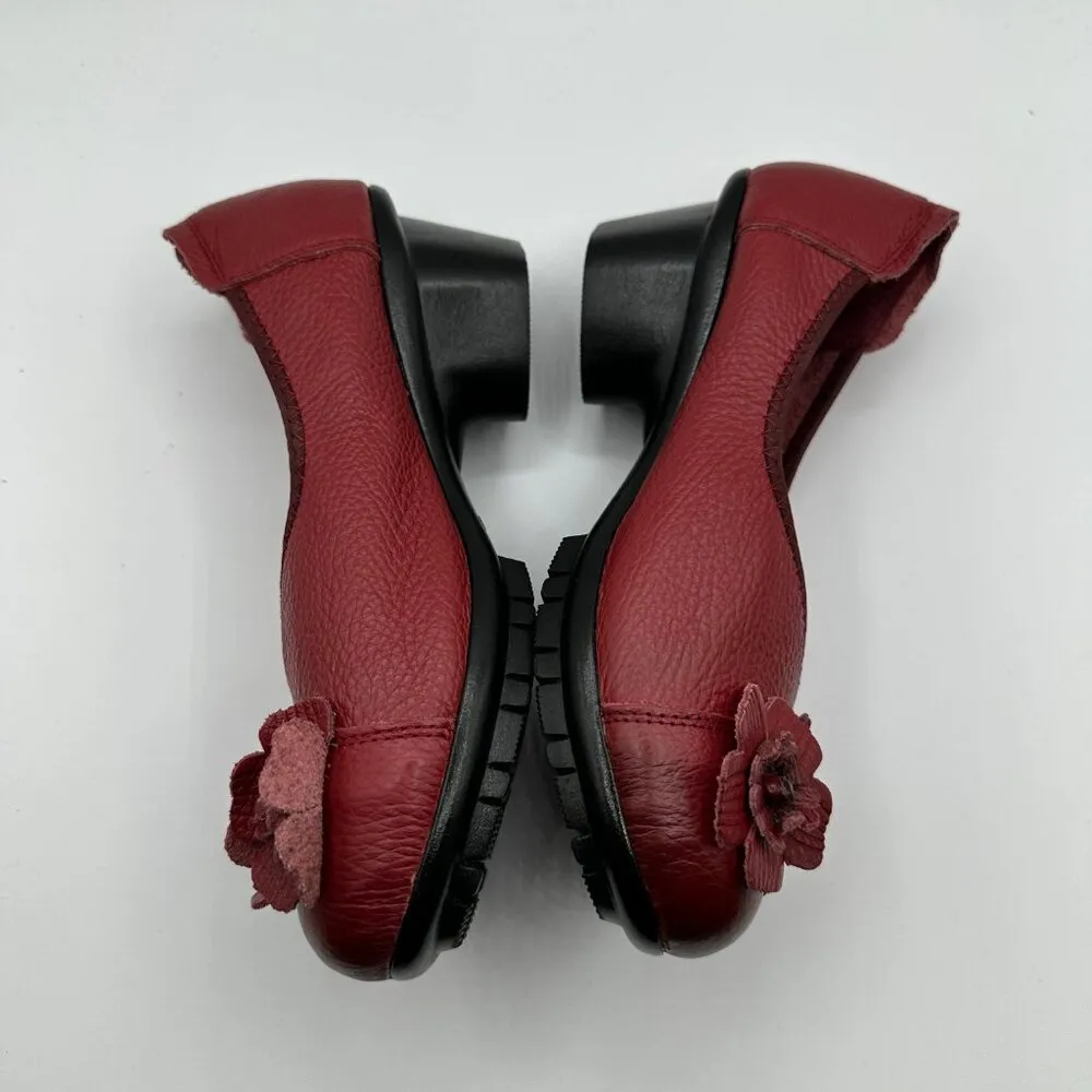 Socofy Womens US 6 (235) Red Art To Wear Leather Floral Boho Eclectic Heels - Image 3