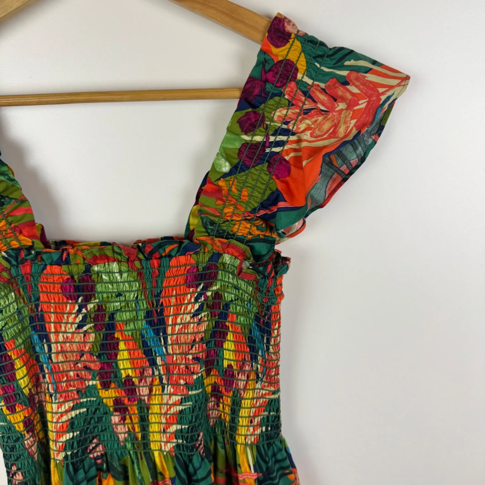 OPT Tropical Floral Midi Dress Medium Smocked Tiered Cotton Boho Resort Colorful Green - Image 5